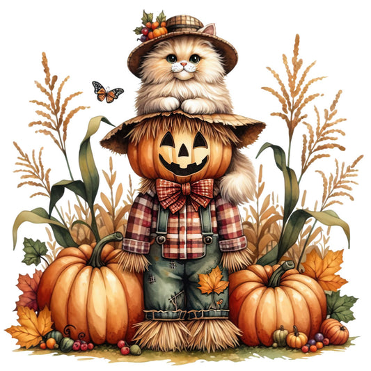 autumn, fall, halloween, thanksgiving, harvest, pumpkin, scarecrow, cat, kitten, plaid, plaid bow, gingham, checkered, orange, cream, tan, brown, rust, forest green, wheat, corn stalks, dried corn, leaves, fall leaves, pumpkins, jack-o-lantern, whimsical, rustic, farmhouse, countryside