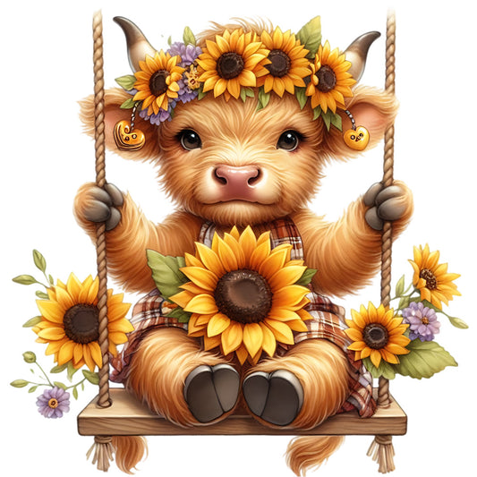 Sunflower Highland Cows Fabric Panel 22 features an adorable highland cow with sunflower crown on swing in premium quilting cotton.