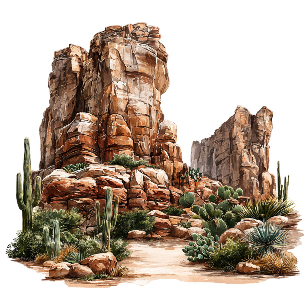 desert landscape, southwestern, saguaro cactus, canyon rocks, rust, tan, terracotta, sage green, sandy beige, cream, earth tones, nature scene, scenic, desert flora, prickly pear, yucca, desert plants, arid landscape, geological, rocky terrain, rustic, western, adobe, natural, organic, outdoor adventure, wall art, panel print