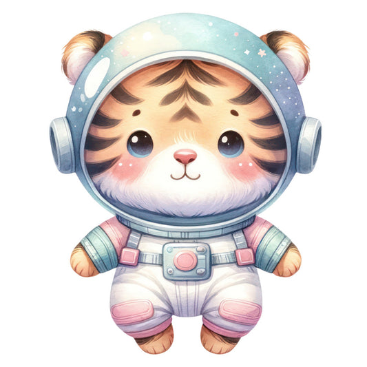 astronaut tiger, cute animals, pastel blue, pastel pink, white, cream, soft colors, whimsical, space theme, celestial, kawaii style, adorable character, playful, children's fabric, baby quilt, nursery decor, starry sky, stars, headphones, space suit, cosmic, sweet character design, gender neutral, modern whimsical, animal character, soft aesthetic, dreamy, fantasy theme