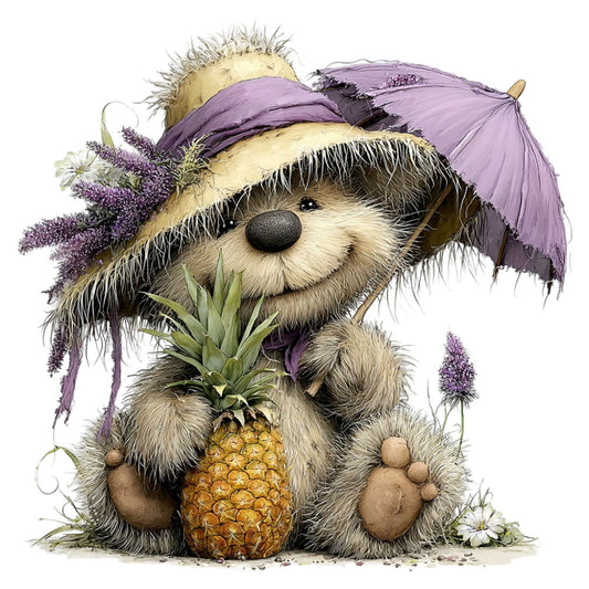 whimsical animals, cute bear, lavender purple, cream white, pineapple, floral, nature, animal illustration, woodland, garden, spring, summer, character design, children's, playful, decorative, soft colors, pastel purple, botanical, flowers, umbrella, charming, storybook, vintage style, nursery, whimsy, detailed illustration, adorable