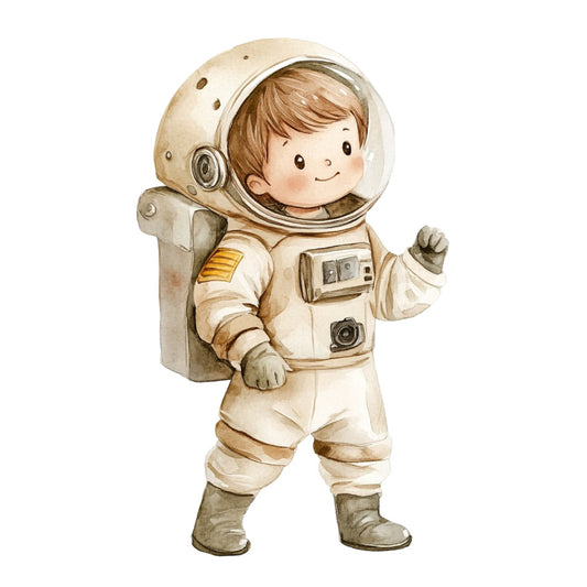 astronaut, space explorer, cream, beige, tan, brown, gold, whimsical, cute, children, kids, baby, nursery, adventure, exploration, vintage, retro, illustration, watercolor, boy, young child, helmet, spacesuit, cosmic, outer space, playful, storybook, wall hanging, baby quilt
