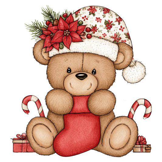 teddy bear, christmas, holiday, red, cream, tan, brown, poinsettia, candy cane, gift boxes, festive, whimsical, cute, children, baby, floral, traditional, vintage, seasonal, winter, christmas bear, peppermint, evergreen, decorative, adorable, stocking, holiday cheer, cozy