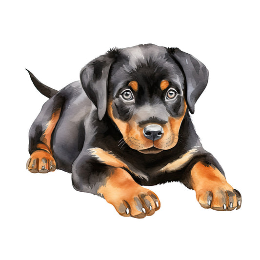 Watercolor Rottweiler Fabric Panel 19 featuring a detailed black and tan Rottweiler puppy printed on premium quilting cotton.