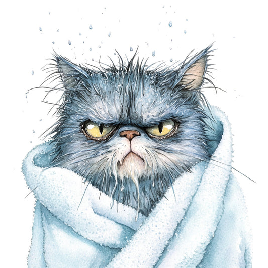 wet cat, grumpy cat, blue grey, slate blue, watercolor, animal portrait, cat face, feline, fluffy cat, yellow eyes, wrapped in towel, bathing, funny cat, humorous, whimsical, contemporary, illustrative, persian cat, long-haired cat, water droplets, wet fur, grumpy expression, cat lover, pet themed, animal illustration, modern art style, blue tones, neutral background, quirky, charming