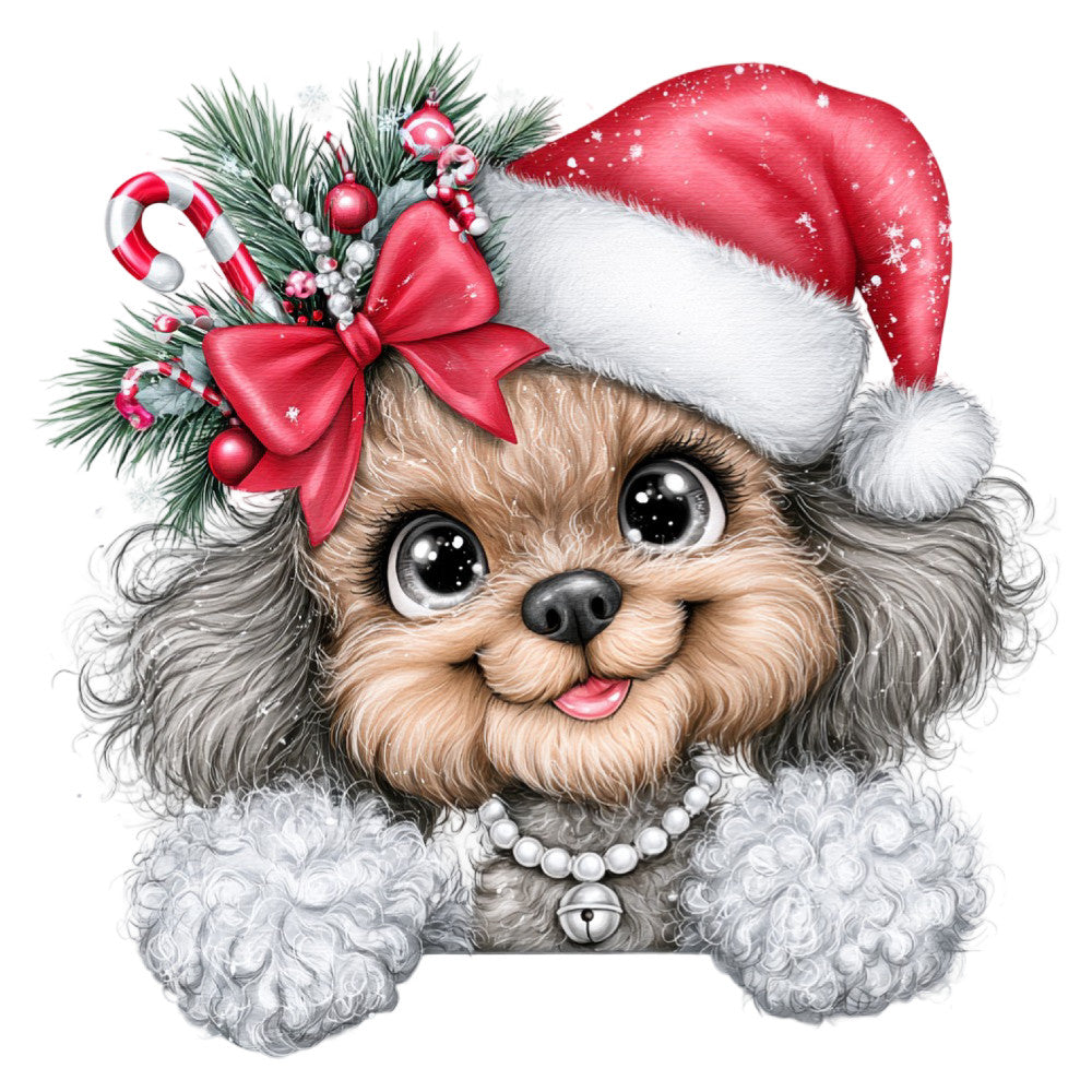 christmas dog, holiday puppy, festive canine, santa hat, red and white, cream white, taupe brown, gray, candy cane, christmas ornaments, pearl beads, pine branches, red bow, whimsical, cute animals, seasonal, christmas theme, winter holiday, shih tzu, fluffy dog, decorative panel, holiday decor, festive animals, jolly character, christmas fabric, joy, celebration, vintage holiday style