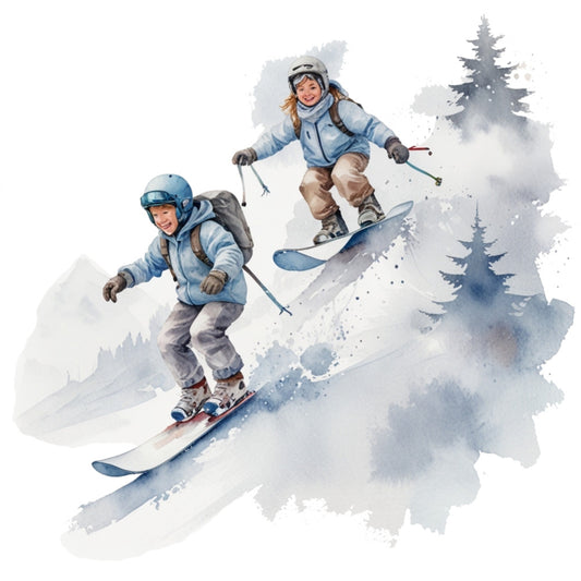 watercolor style, skiing scene, winter sports, blue tones, soft pastels, snowy landscape, evergreen trees, two skiers, powder snow, mountain scene, fabric panel, quilting cotton, winter theme, outdoor adventure, cold weather clothing, ski equipment, pine trees, misty background, athletic activity, recreational skiing