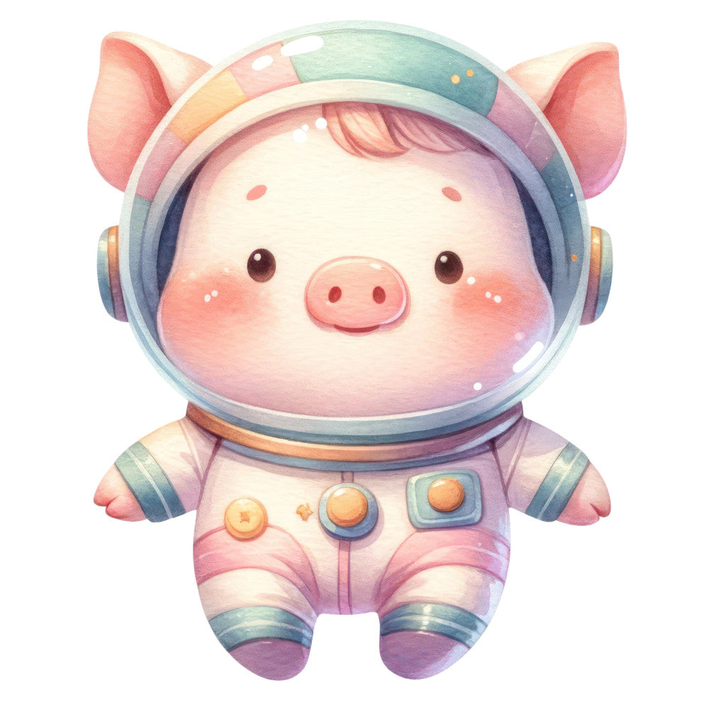 cute pig astronaut, space pig, pastel pink, soft lavender, pale blue, peachy orange, whimsical animals, kawaii style, nursery, baby quilt, space theme, celestial, pig character, adorable, playful, children's fabric, gender neutral, soft colors, gentle watercolor, charming illustration, animal characters, space explorer, helmet, buttons, gold accents, dreamy, sweet, playroom, toddler, illustrated animals