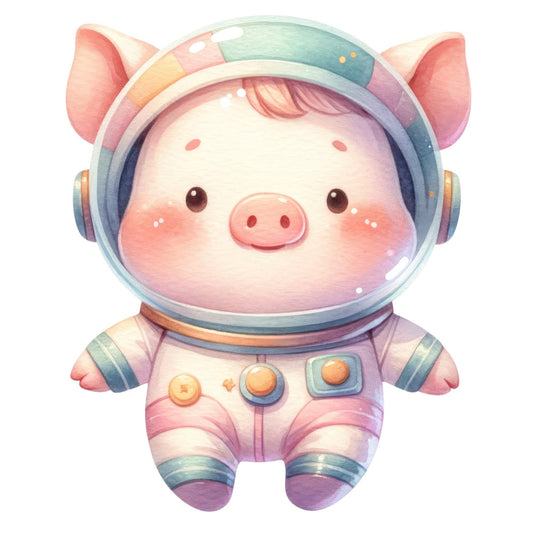 cute pig astronaut, space pig, pastel pink, soft lavender, pale blue, peachy orange, whimsical animals, kawaii style, nursery, baby quilt, space theme, celestial, pig character, adorable, playful, children's fabric, gender neutral, soft colors, gentle watercolor, charming illustration, animal characters, space explorer, helmet, buttons, gold accents, dreamy, sweet, playroom, toddler, illustrated animals
