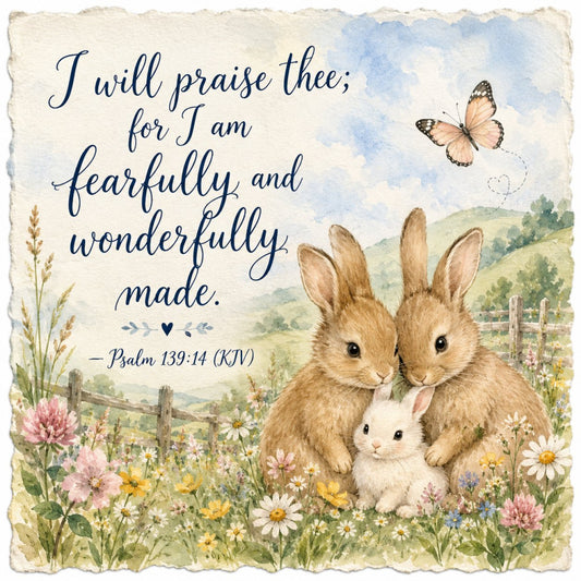 cream, soft blue, sage green, dusty rose, pink, pale yellow, inspirational, scripture, religious, bunnies, rabbits, animals, butterflies, wildflowers, daisies, clover, pastoral, countryside, fence, landscape, whimsical, vintage, farmhouse, nature, spring, soft colors, watercolor, gentle, sweet, faith-based