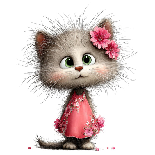 cute cat, fluffy kitten, pink flowers, gerbera daisies, coral pink, sage green, cream white, charcoal gray, whimsical, playful, children's, animal themed, cat lover, girl's fabric, spring flowers, floral print, decorative bow, sweet style, nursery, baby, young girls, charming, delightful, illustrated animals, botanical, pretty kitten, girly, decorative accents, novelty print