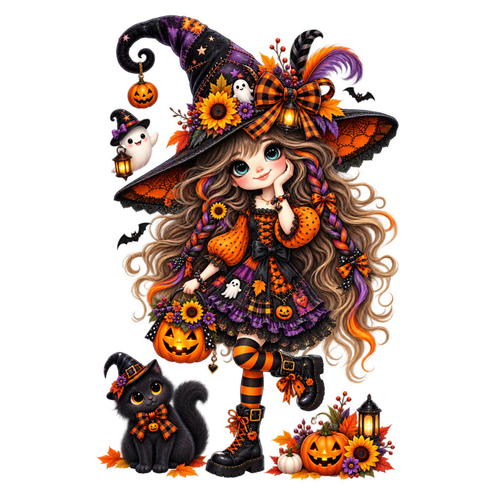 halloween witch, orange and purple, black cat, jack-o-lantern, pumpkin, sunflower, autumn, fall, whimsical, festive, spooky, cute witch, striped stockings, plaid bow, ghost, bat, lantern, seasonal, holiday, patchwork style, children's, playful, vibrant orange, deep purple, cream, cottage core, magical, enchanted, decorative motifs