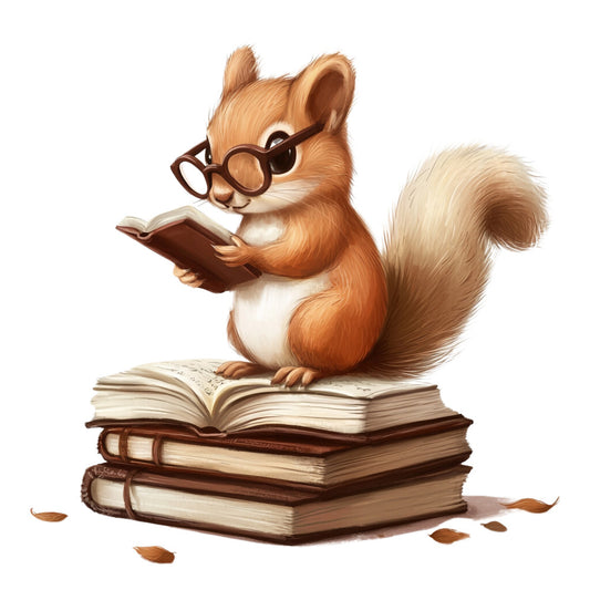 orange squirrel, brown glasses, reading books, book stack, fluffy tail, warm browns, cream white, autumn leaves, whimsical illustration, scholarly animal, fabric panel, quilting cotton, cute woodland creature, literary theme, soft pastels, children's fabric, nature motif, cozy atmosphere, educational design