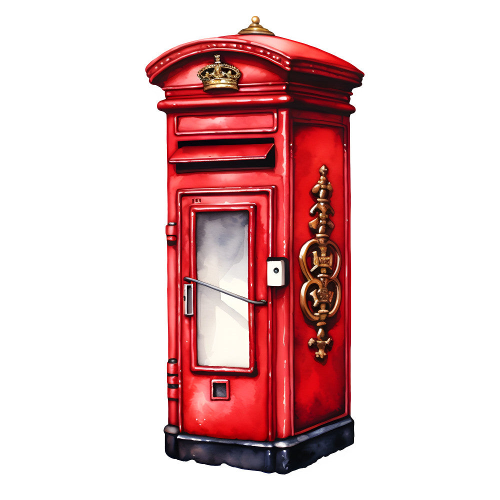 bright red, gold accents, british, iconic, vintage, retro, postbox, mailbox, telephone booth, london, nostalgia, nostalgic, traditional, classic, elegant, detailed, architectural, building, street scene, novelty, whimsical, red and gold, heritage, cultural, iconic landmarks, travel themed, english style