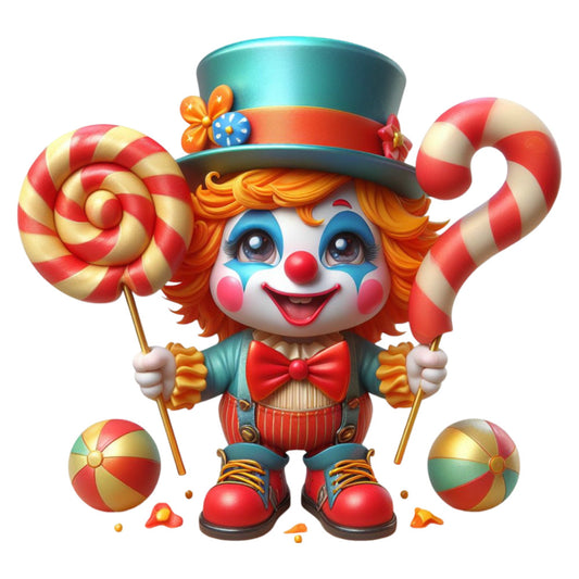 clown, circus, candy cane, lollipop, red, orange, blue, turquoise, cream, yellow, whimsical, playful, festive, children, kids, novelty, fun, colorful, top hat, striped, balls, vintage carnival, party, bright, cheerful, entertainment, performance