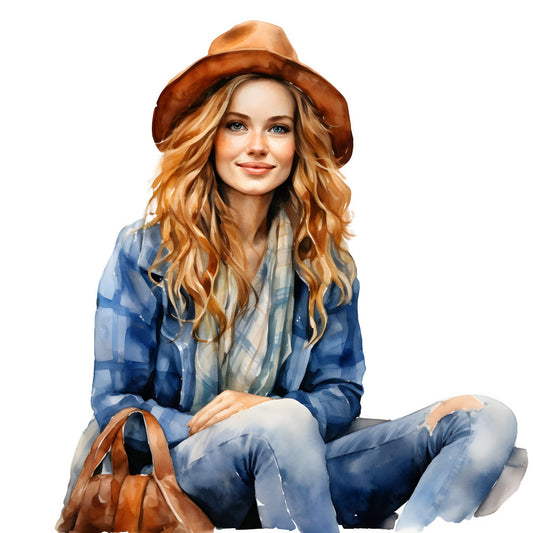 cowgirl, western, country, rust brown, burnt orange, blue plaid, denim blue, light blue, checkered, plaid pattern, rustic, farmhouse, casual, portrait panel, people, women, fashion illustration, boho, bohemian, autumn, fall colors, warm tones, cool tones, scenic, contemporary, indie, casual wear, lifestyle, jeans, flannel