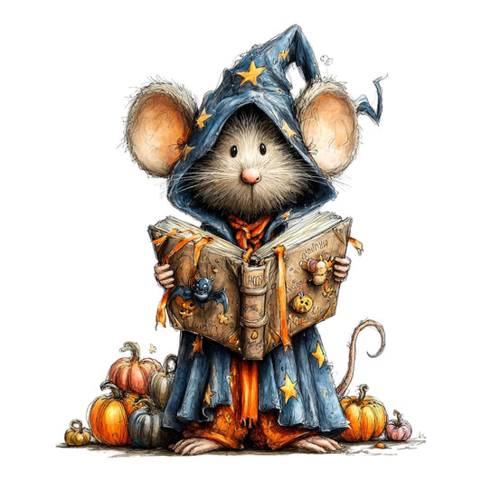 wizard mouse, autumn, fall, halloween, whimsical, celestial, stars, spellbook, magic, pumpkins, children's, storybook, navy blue, orange, tan, beige, cream, animal characters, wizard hat, magical creatures, seasonal, enchanted, folk art, illustrated, cute animals, festive, harvest, patchwork, decorative panel, kids fabric