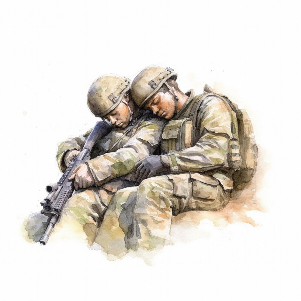 military, soldiers, camouflage, tan, khaki, olive green, desert sand, beige, gray, army, tactical, combat, patriotic, realistic, illustration, watercolor, figurative, men, brotherhood, camaraderie, heroic, valor, service, courage, wall hanging, home decor, tribute, memorial, modern illustration, detailed