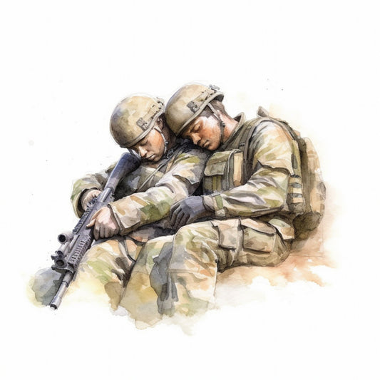 military, soldiers, camouflage, tan, khaki, olive green, desert sand, beige, gray, army, tactical, combat, patriotic, realistic, illustration, watercolor, figurative, men, brotherhood, camaraderie, heroic, valor, service, courage, wall hanging, home decor, tribute, memorial, modern illustration, detailed