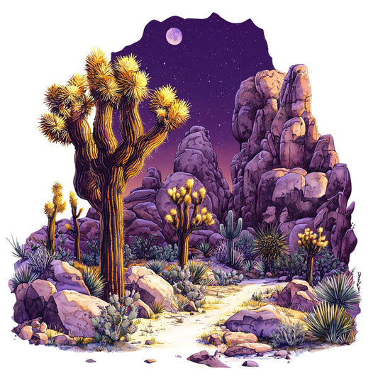 desert landscape, joshua trees, purple rocks, starry night sky, full moon, cactus plants, sandy path, twilight colors, lavender hues, golden yellow, fabric panel, southwestern scene, desert flora, rock formations, night scene, quilting cotton, nature motif, desert wilderness, moonlit landscape