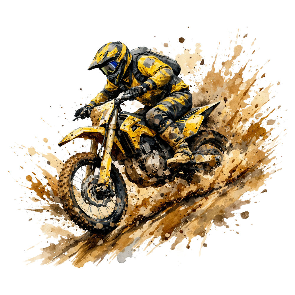 motocross, dirt bike, yellow and black, brown, tan, watercolor, splatter, abstract, sports, action, extreme sports, adventurous, dynamic, energetic, modern, masculine, racing, off-road, motorcycle, dirt splatter, paint splatter, contemporary, bold, vibrant, stunt, jumping, speed, thrilling, youth culture