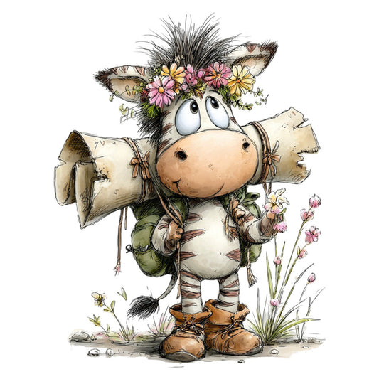 whimsical animals, cow character, flower crown, colorful florals, nature-inspired, farmhouse style, rustic charm, cream white, soft pink, golden yellow, sage green, brown boots, spring flowers, summer blooms, daisy, wildflowers, charming illustrations, children's design, storybook art, adorable characters, pastoral scenes, garden theme, vintage whimsy, playful design, sweet illustration, cottage core, folk art style, nature lover, garden lover, nursery decor