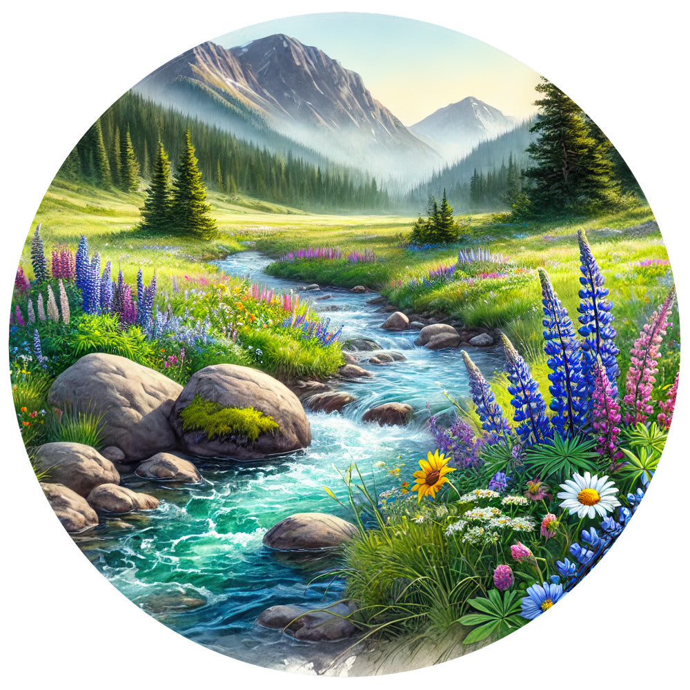 mountain landscape, rocky mountains, alpine stream, wildflowers, lupines, daisies, evergreen trees, forest valley, turquoise water, purple flowers, pink blooms, yellow flowers, moss covered rocks, meadow scene, nature panel, circular panel, fabric panel, quilting cotton, scenic landscape, mountain peaks, flowing creek, botanical design, wilderness scene, outdoor motif