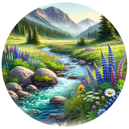 mountain landscape, rocky mountains, alpine stream, wildflowers, lupines, daisies, evergreen trees, forest valley, turquoise water, purple flowers, pink blooms, yellow flowers, moss covered rocks, meadow scene, nature panel, circular panel, fabric panel, quilting cotton, scenic landscape, mountain peaks, flowing creek, botanical design, wilderness scene, outdoor motif