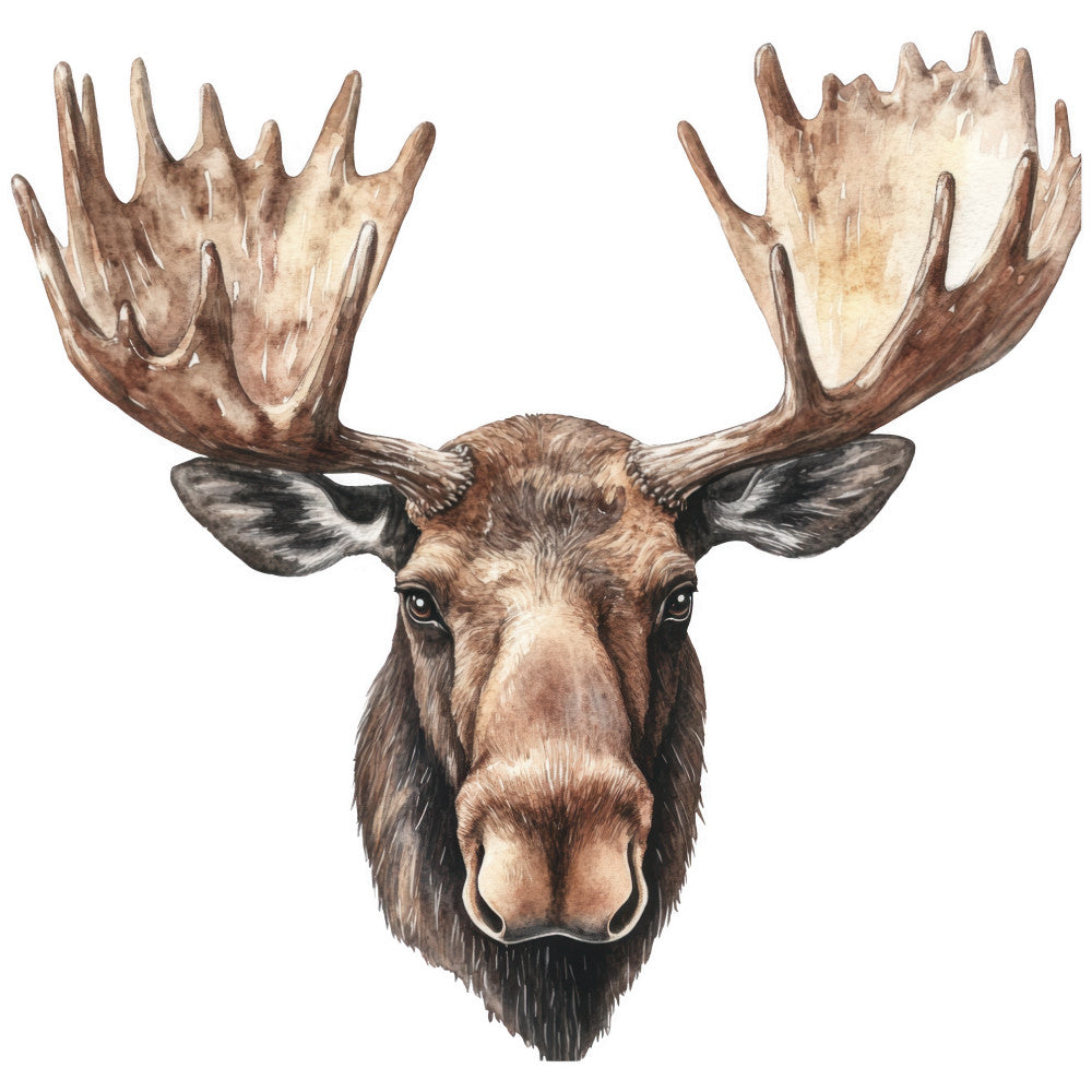 moose head, antlers, brown fur, tan colors, beige tones, watercolor style, wildlife art, forest animal, realistic illustration, fabric panel, quilting cotton, nature theme, woodland creature, animal portrait, earth tones, rustic design, outdoor motif, hunting lodge, cabin style, masculine decor