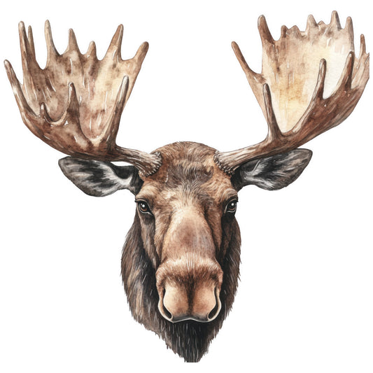 moose head, antlers, brown fur, tan colors, beige tones, watercolor style, wildlife art, forest animal, realistic illustration, fabric panel, quilting cotton, nature theme, woodland creature, animal portrait, earth tones, rustic design, outdoor motif, hunting lodge, cabin style, masculine decor
