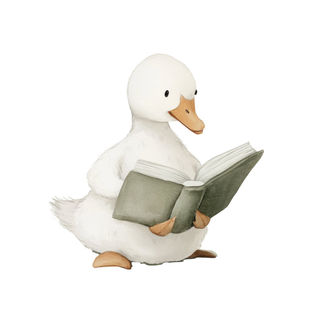white duck, cream white, sage green, tan brown, reading duck, storybook animal, children's illustration, whimsical, cute animals, nursery, baby quilt, duck motif, watercolor style, gentle illustration, soft colors, farmyard, literary theme, book lover, peaceful, calm, sweet, tender, woodland creature, illustrated animals, vintage storybook, character panel, adorable, pastoral, picture book, children's decor