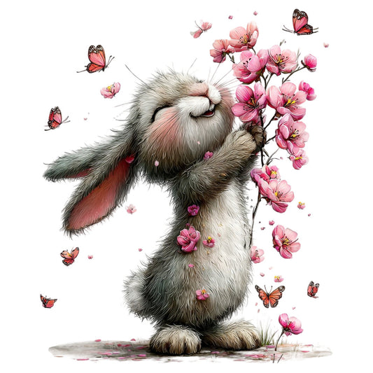 bunny, rabbit, pink flowers, butterflies, floral, whimsical, nature, animals, spring, summer, soft pink, blush pink, coral pink, gray, white, cream, woodland, garden, cute, playful, children's, baby, illustration, botanical, flower garden, delicate, enchanting, fairy tale, storybook