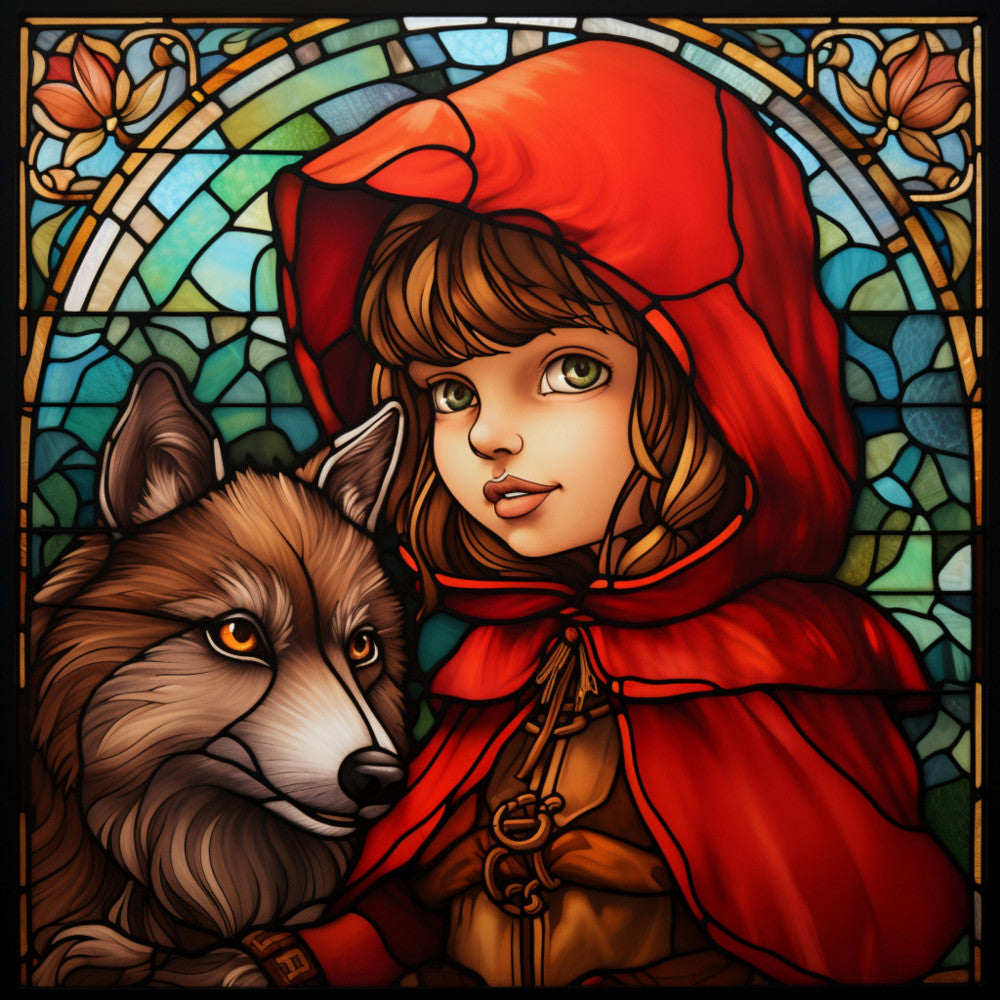 red riding hood, stained glass, wolf, girl character, fairy tale, forest green, crimson red, amber yellow, brown tones, fabric panel, quilting cotton, medieval style, fantasy art, woodland theme, hooded cape, animal companion, decorative border, children's story, whimsical design, bright colors
