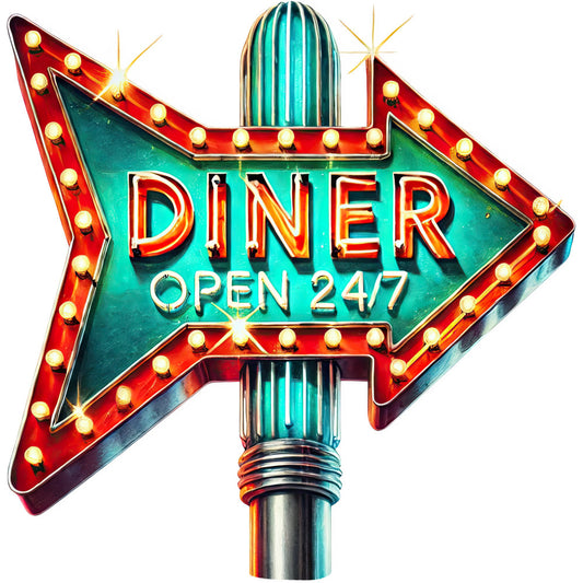 retro diner, vintage neon, turquoise, red, gold, yellow, arrow sign, neon lights, mid-century modern, 1950s, retro aesthetic, americana, kitsch, nostalgic, diner culture, neon sign, illuminated, bold graphics, roadside americana, retro kitchen, vintage advertising, glowing lights, chrome accents, art deco, classic diner, whimsical, eclectic, pop art, novelty print