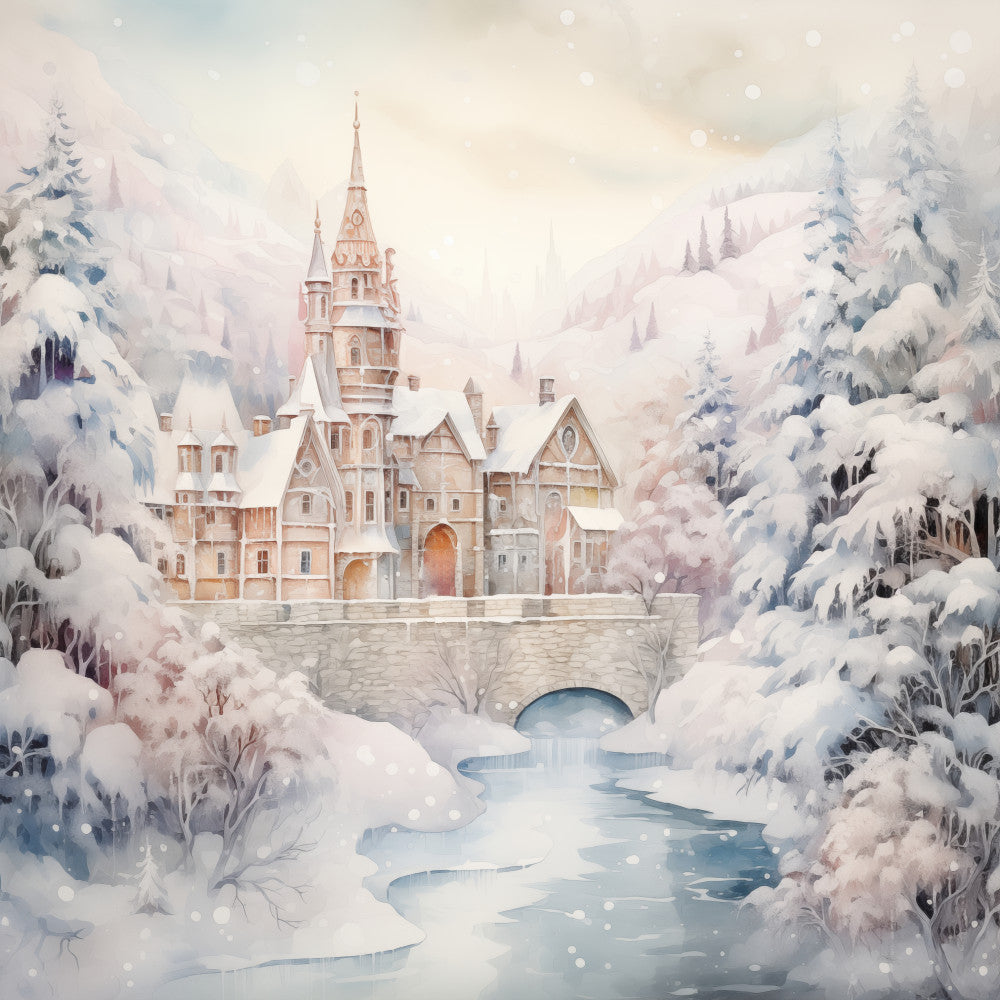 winter castle, snow scene, fairy tale, snowy landscape, frozen forest, castle architecture, winter wonderland, holiday, christmas, snow-covered trees, frost, blush pink, cream, soft blue, pale gold, romantic, whimsical, elegant, storybook, enchanted, winter palace, snow falling, peaceful, serene, fantasy theme, vintage illustration style, winter aesthetic, magical, dreamy, castle motif