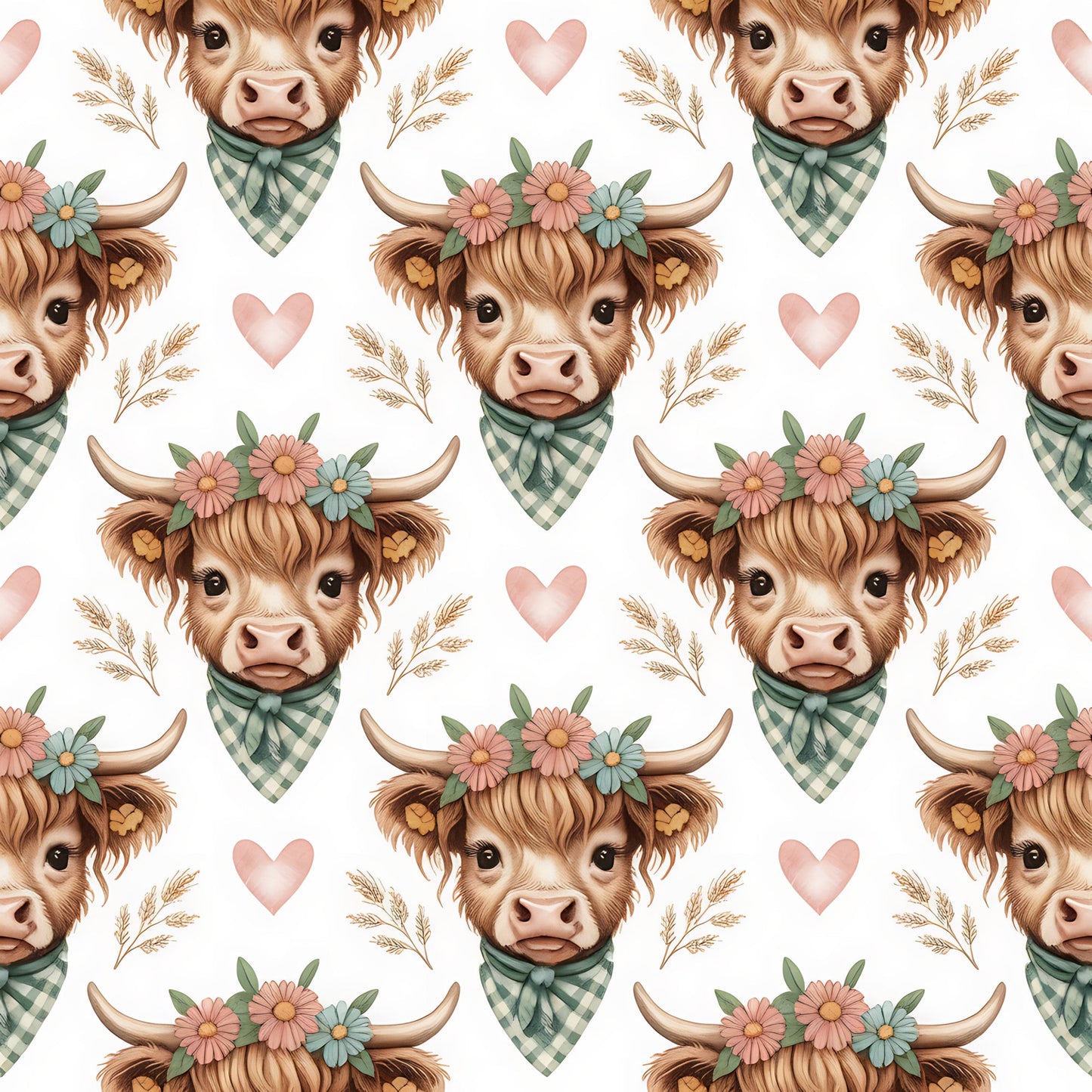 Highland Cow Heads Pattern 4 Quilting Cotton Fabric