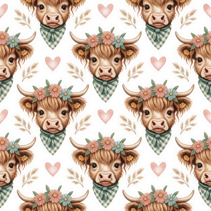 Highland Cow Heads Pattern 4 Quilting Cotton Fabric