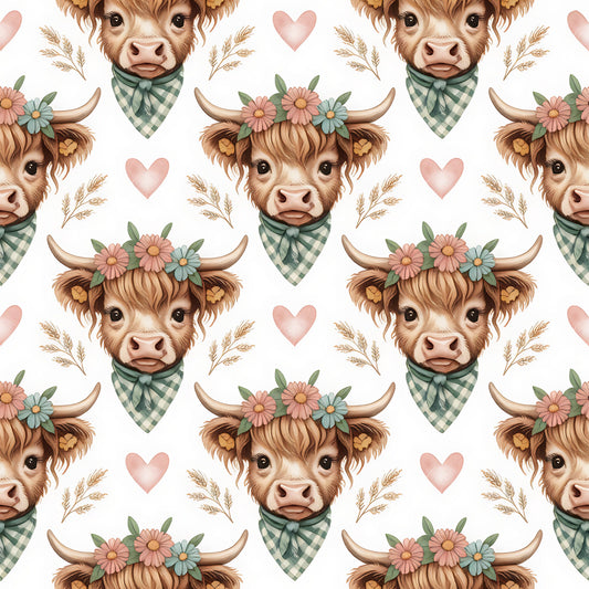 Highland Cow Heads Pattern 4 Quilting Cotton Fabric