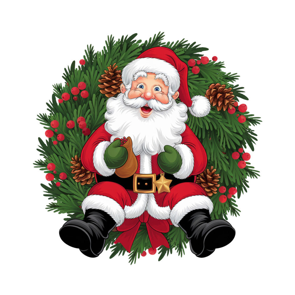 santa claus, christmas wreath, red suit, white beard, green mittens, pine cones, red berries, evergreen branches, festive character, holiday fabric, fabric panel, quilting cotton, christmas themed, winter motif, jolly santa, red ribbon bow, black boots, cartoon style, cheerful expression, seasonal sewing
