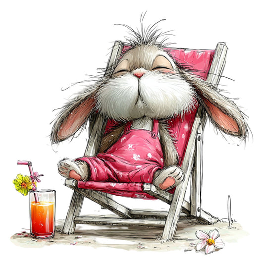 fluffy bunny, pink, coral, white, cream, beige, brown, tropical, beach, summer, relaxation, whimsical, cute animals, rabbit, sitting, chair, flowers, daisies, yellow, beverage, cocktail, leisure, funny, humorous, adorable, illustration style, children's, playful, nature inspired