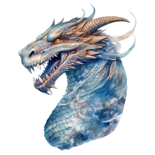 dragon, fantasy, mythical creature, blue, teal, navy blue, cream, bronze, copper, orange eye, scales, detailed illustration, realistic, elegant, whimsical, magical, adventure, medieval, asian inspired, celestial, artistic, watercolor effect, translucent, wall hanging, art panel, decorative, statement fabric, supernatural, mystical