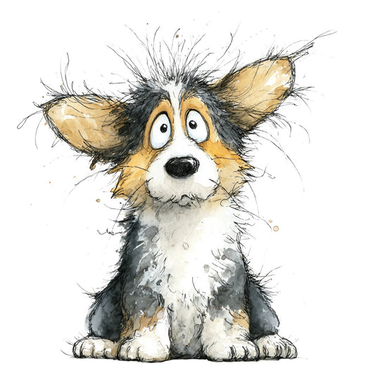 dog, corgi, puppy, animal, whimsical, cute, watercolor, illustration, tan, cream, white, black, gray, charcoal, warm tones, children's, playful, hand-drawn, sketchy, expressive, kids fabric, nursery, baby, pet lovers, dog lovers, novelty, character print, portrait