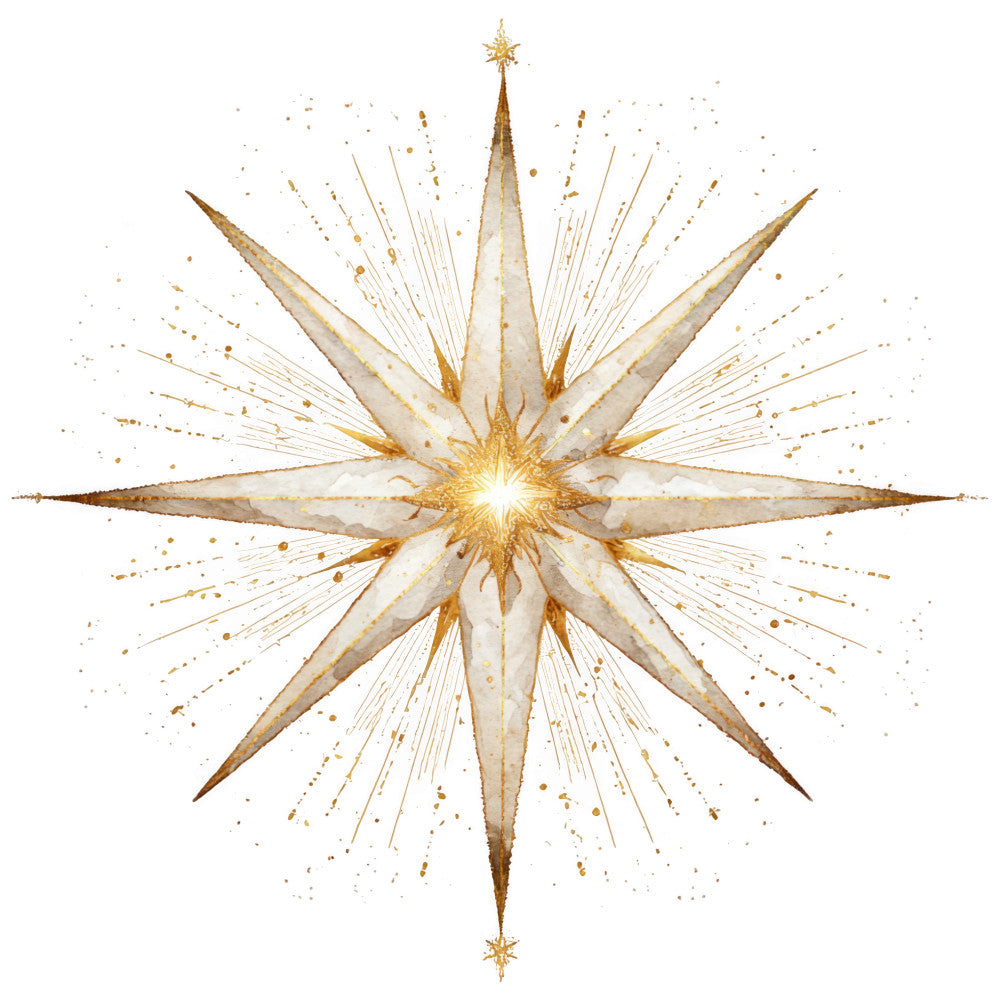gold, cream, beige, star, nativity, christmas, radiating rays, watercolor style, fabric panel, holiday, religious, burst pattern, celestial, winter, seasonal, quilting cotton, crafting, eight-pointed star, luminous, sacred