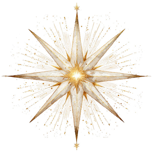 gold, cream, beige, star, nativity, christmas, radiating rays, watercolor style, fabric panel, holiday, religious, burst pattern, celestial, winter, seasonal, quilting cotton, crafting, eight-pointed star, luminous, sacred