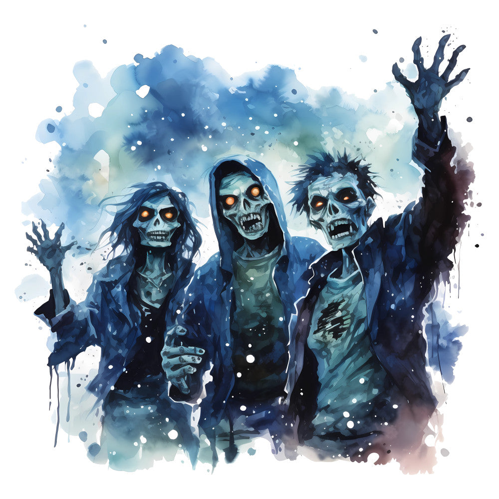 zombie, halloween, skull, undead, horror, spooky, scary, gothic, dark, watercolor, blue, navy blue, teal, cyan, pale blue, white, splatter, abstract, dripping paint, ghostly, supernatural, eerie, haunted, festive horror, october, fall halloween, wall hanging, home decor, illustration style, ethereal