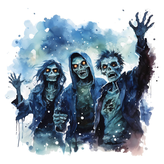zombie, halloween, skull, undead, horror, spooky, scary, gothic, dark, watercolor, blue, navy blue, teal, cyan, pale blue, white, splatter, abstract, dripping paint, ghostly, supernatural, eerie, haunted, festive horror, october, fall halloween, wall hanging, home decor, illustration style, ethereal