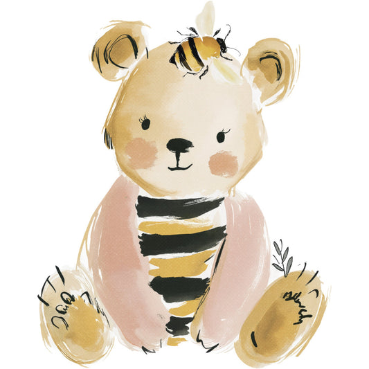 honey bear, cream, tan, gold, dusty rose, blush pink, black, whimsical, sweet, cute, animals, bears, bee, insects, honey theme, nursery, baby, children's, modern, watercolor, painted, soft, gentle, playful, nature inspired, woodland, spring, pastel, illustration style