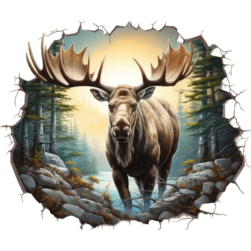 moose, antlers, forest scene, wildlife, nature, breaking through, 3d effect, cracked wall, evergreen trees, rocky stream, brown fur, woodland, fabric panel, quilting cotton, realistic art, wilderness, outdoor scene, pine trees, water feature, earth tones