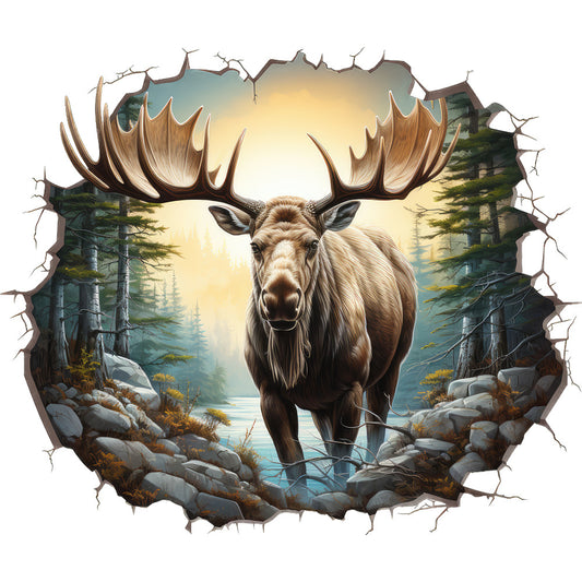 moose, antlers, forest scene, wildlife, nature, breaking through, 3d effect, cracked wall, evergreen trees, rocky stream, brown fur, woodland, fabric panel, quilting cotton, realistic art, wilderness, outdoor scene, pine trees, water feature, earth tones