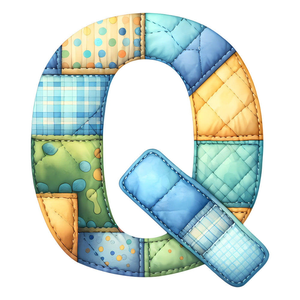letter q, quilted, patchwork, polka dots, plaid, checkered, sky blue, soft yellow, sage green, orange, navy blue, turquoise, pastel colors, geometric patterns, whimsical, playful, charming, baby quilt, nursery, children's fabric, soft furnishings, colorful, multi-pattern, mixed prints, contemporary, cheerful, cute design, appliqué, textured, stitched details